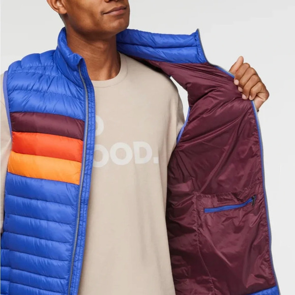 Cotopaxi Men's XL Fuego Down Vest Blue Violet Stripes Yellow NWT Puffy Puff - Picture 9 of 15